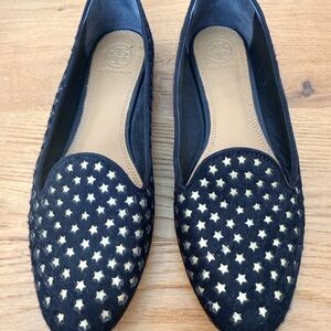 Tory Burch Star Pattern Black and Gold Loafers, size 7